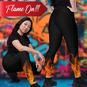 Flame Crossover Leggings with Pockets, Leggings for Women, Pocket Leggings, Leggings, Women&#39;s Leggings, Printed Leggings, Workout Pants
