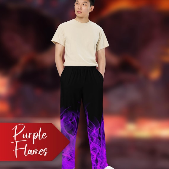 Purple Pants on Fire Wide-leg Pants,jin Kazama Pants, Flames Pants
