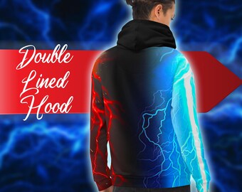 May include: A black hoodie with a double-lined hood. The hoodie has a graphic print of red and blue lightning bolts.