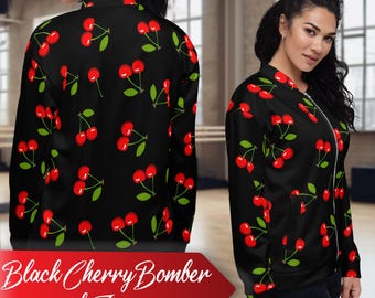 Black Cherry Unisex Bomber Jacket, Red Cherry Jacket, Bing Cherry Jacket, Cute Cherry Jacket, Girls Bomber Jacket, Female Jacket,Cherry Gift