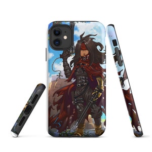May include: A phone case featuring a colorful illustration of a character from a video game. The character is wearing a red cloak and holding a gun. The background is a blue sky with clouds.