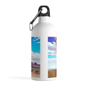 May include: White stainless steel water bottle with a black lid and a carabiner. The bottle has a colorful image of a desert landscape with a blue sky and white clouds.