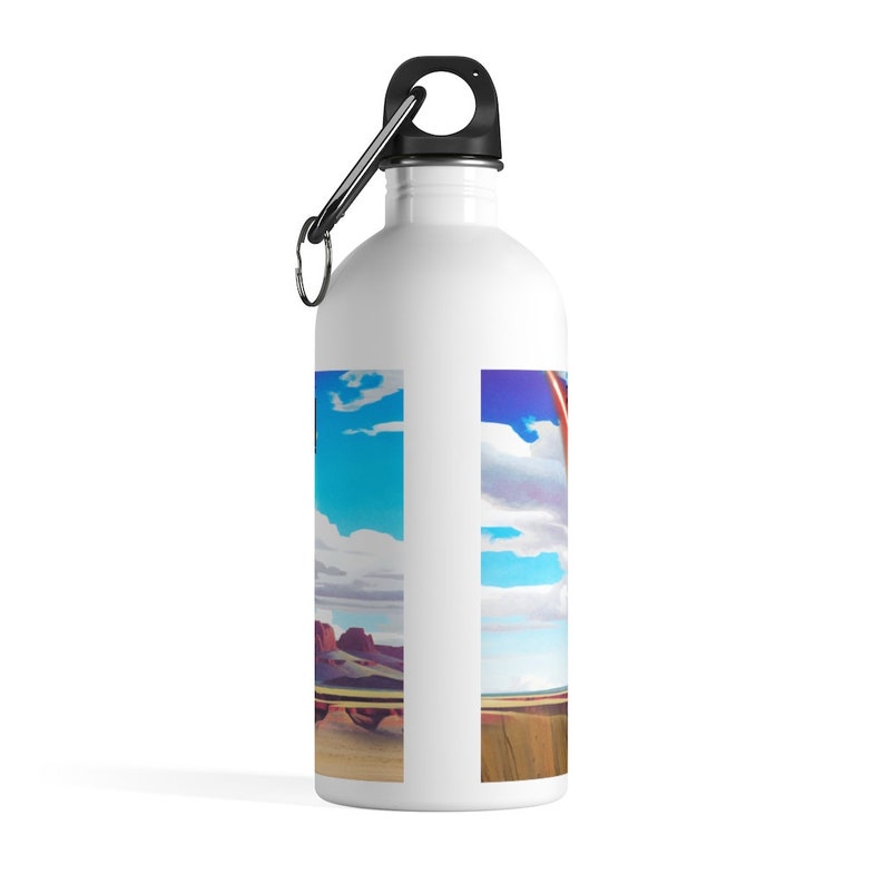 May include: White stainless steel water bottle with a black lid and a carabiner. The bottle has a colorful image of a desert landscape with a blue sky and white clouds.