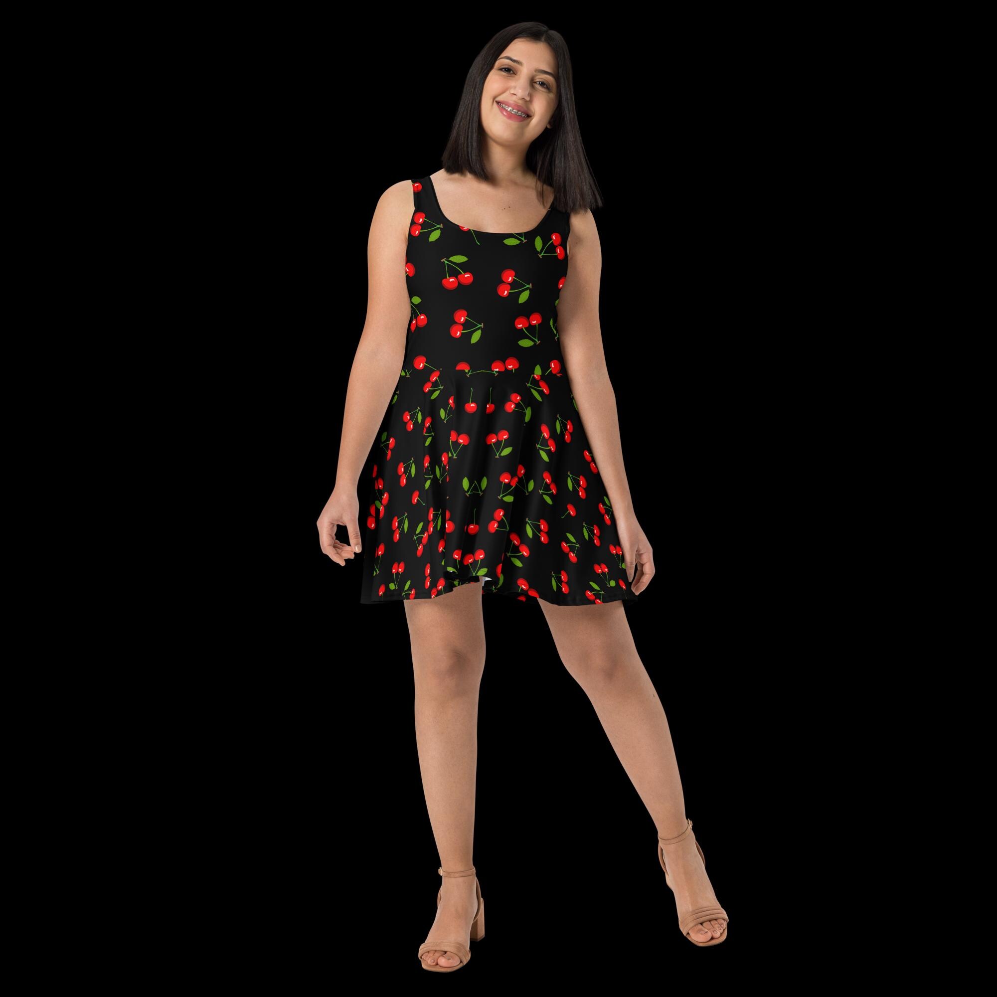 cherry skater dress Black Cherry White Cherry Print Dress White Dress With Black Cherry Print