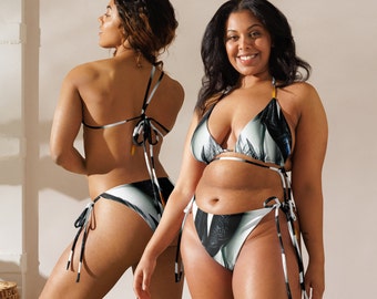 Piume in bianco e nero riciclato String Bikini, Micro String Bikini, Tiny String Bikini, Bikini esotico estremo, Anime Bikini, Bikini Sexy