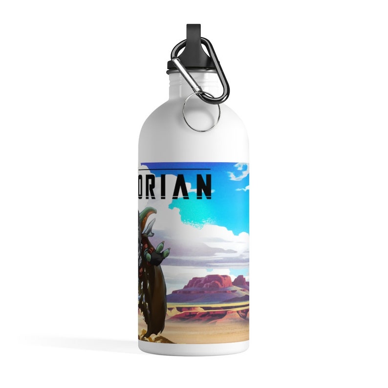 May include: White stainless steel water bottle with a black lid and a black carabiner clip. The bottle has a colorful graphic of a creature in a desert landscape with the word "ORIAN" printed on the bottle.