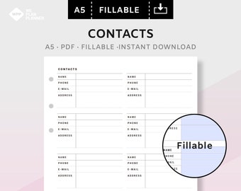 Contacts Address Book Inserts Printable Planner  | Fillable Work Management Planner for Business | A5 PDF