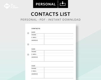 Contacts List Address Book Inserts Printable Planner  | Fillable Work Management Planner for Business | Personal PDF