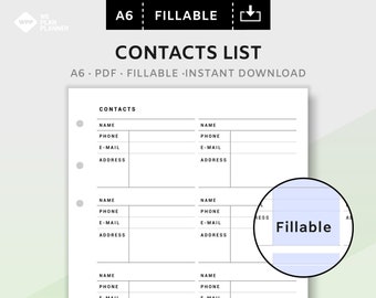 Contacts List Address Book Inserts Printable Planner  | Fillable Work Management Planner for Business | A6 PDF