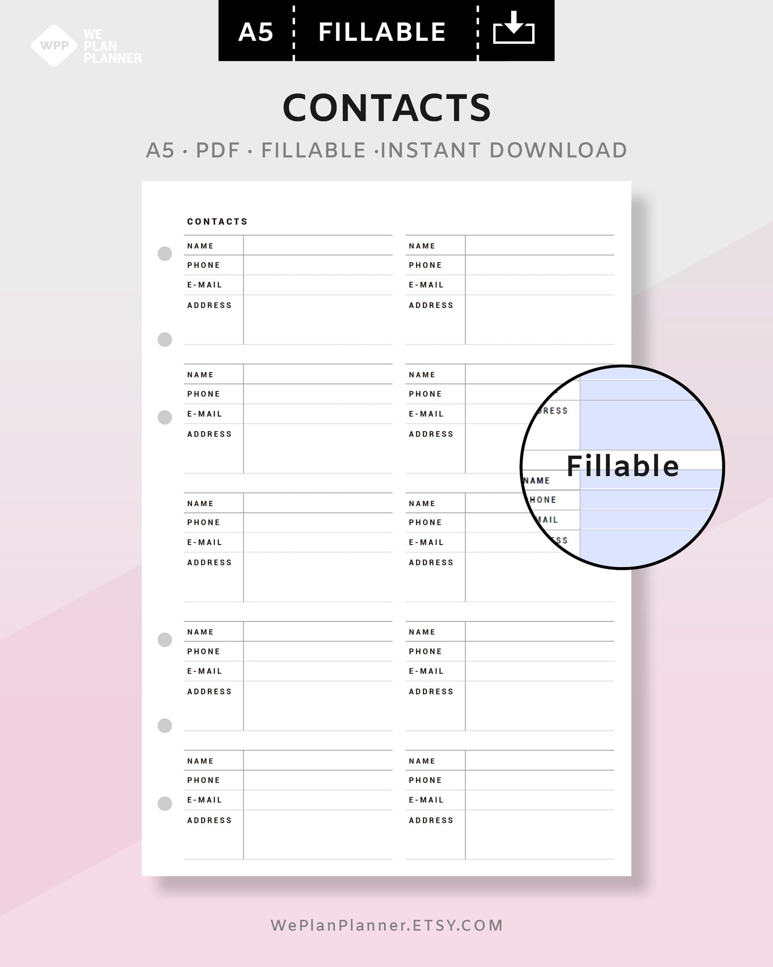 Contacts Address Book Inserts Printable Planner | Fillable Work ...