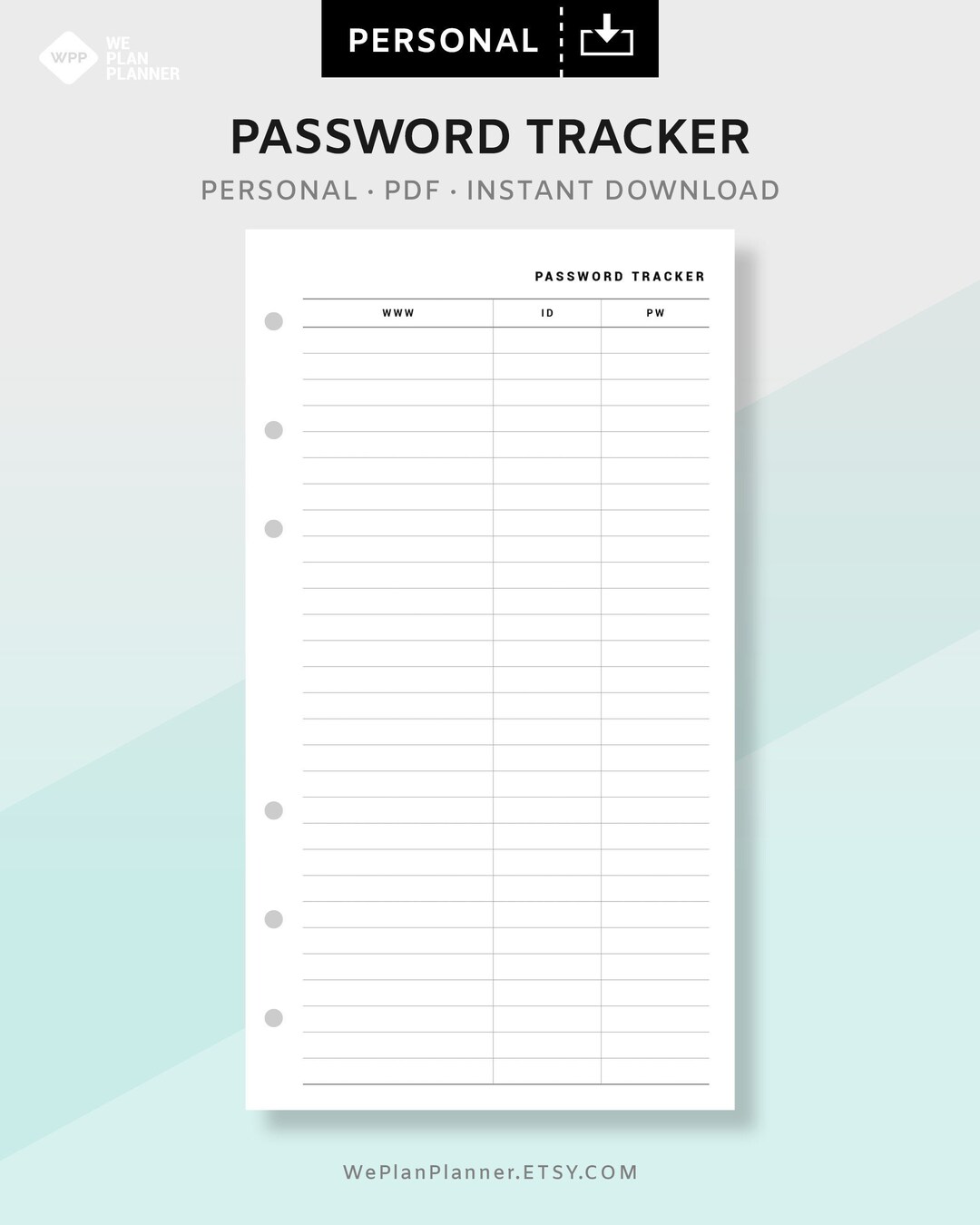 Personal Password Tracker on 1 Page Printable Planner Inserts Page ...