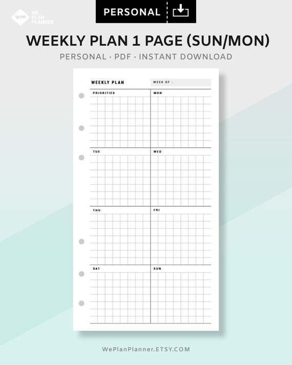 Week on One Page Printable Printable Weekly Planner Agenda | Etsy