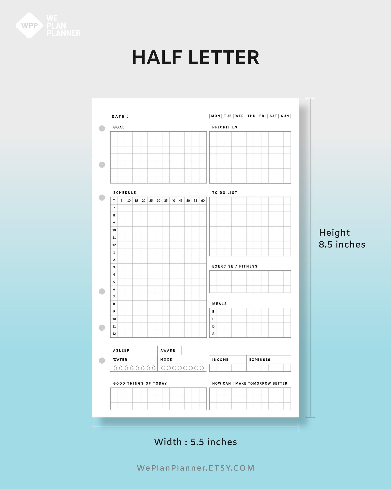 Printable Grid Daily Task Planner timetable Minimalist Hourly Planner