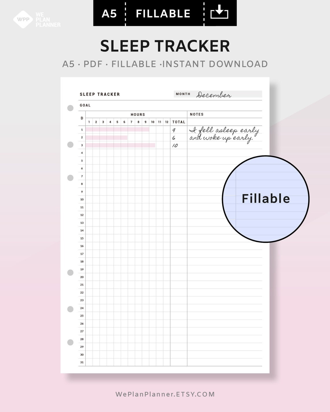 Sleep Tracker Log Printable Diary PDF Monthly Sleep Tracker A5 Planner