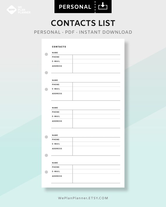 Contacts List Address Book Inserts Printable Planner - Etsy