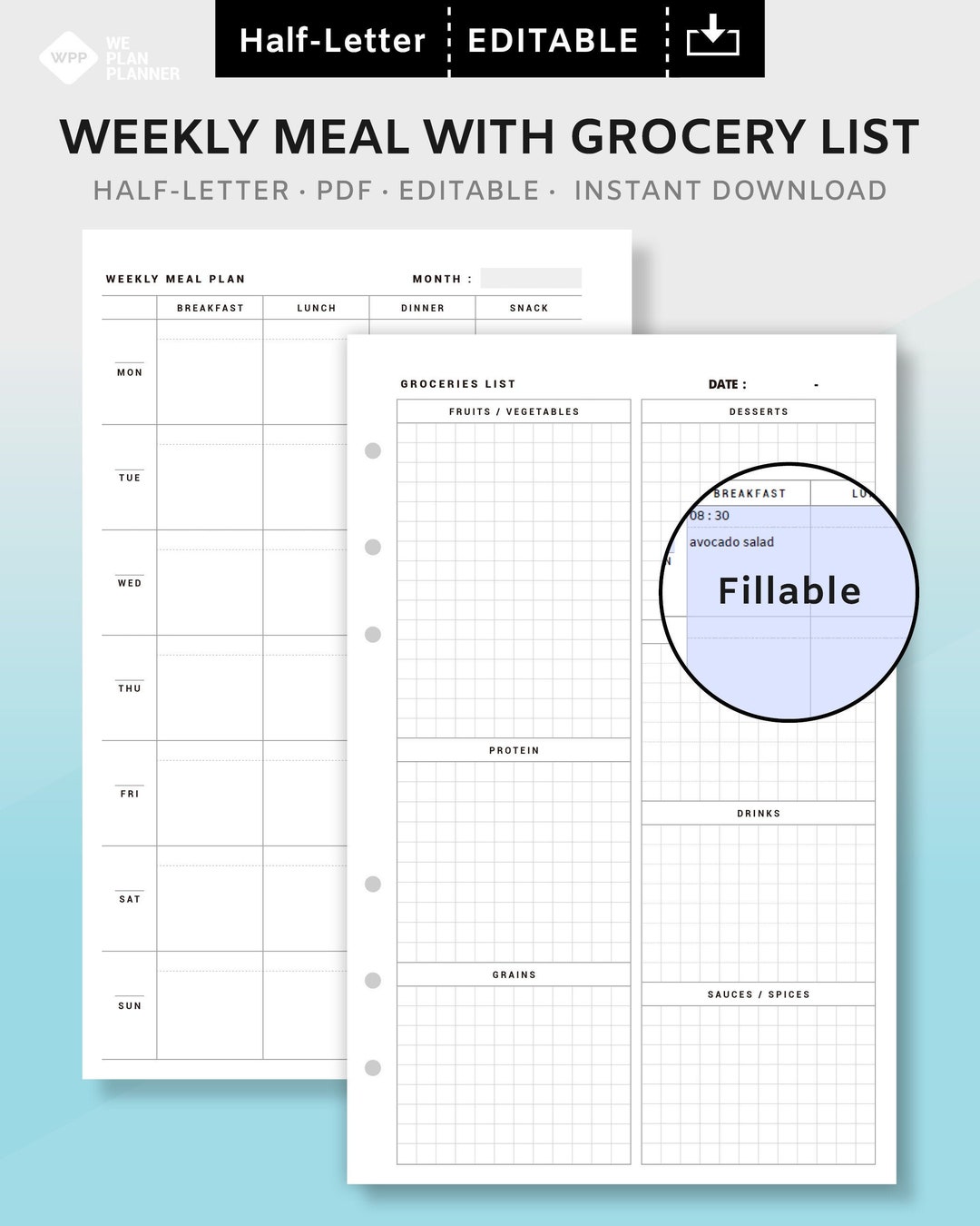 Editable Weekly Family Meal Planner With Grocery List Printable for ...