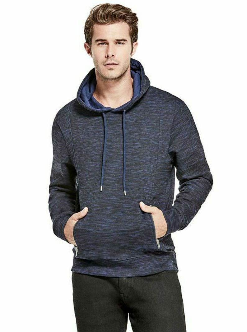 Bnwot Guess Space Dye Finch Moto Hoodie Parka Sweater Top Melange Blue Super Fab
