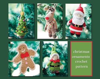 5 Christmas ornament crochet amigurumi pattern | Santa, gingerbread man, elf, reindeer, tree |