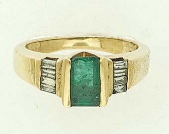 Lady's Natural Emerald Ring Emerald Cut 1 Carat 7x5MM 14K Yellow Gold 8 Genuine Diamond Baguettes Channel Set Size 5.5