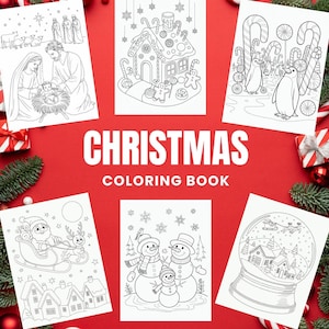 May include: A Christmas coloring book with six different black and white illustrations. The illustrations include Santa in a sleigh, snowmen, a gingerbread house, penguins, a snow globe, and a nativity scene. The book's title is displayed in large white letters.