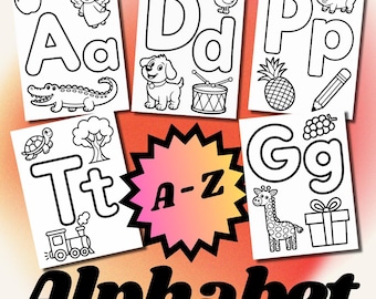 May include: A collection of white alphabet flashcards with black outlines, featuring letters A, D, P, T, and G. Each card displays uppercase and lowercase letters, along with corresponding illustrations like an apple, dog, and giraffe. The word "Alphabet" is at the bottom.