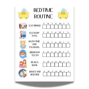Grafiek voor bedtijd voor kinderen, checklist voor het slapengaan voor kinderen, afdrukbare avondroutine, takenschema voor kinderen met foto's, verantwoordelijkheidstabel,