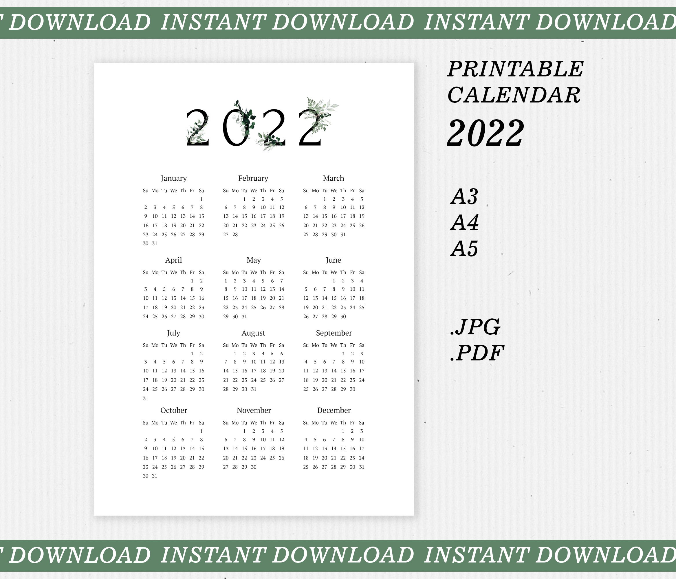 2022 year calendar printable calendar 2022 yearly wall etsy