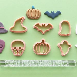 Halloween Theme Set of 7 | Polymer Clay Cutters + Texture Roller Set | Unique Clay Cutters | Clay Tools | Customized Clay Cutters