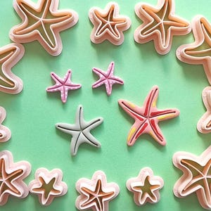 Peut inclure: Diverses découpoirs à biscuits en forme d'étoiles de mer, de tailles et de couleurs variées. Les découpoirs sont principalement roses avec des accents blancs et beiges. Certaines étoiles de mer sont roses à pois blancs, d'autres grises, rouges et jaunes. Le fond est vert clair.