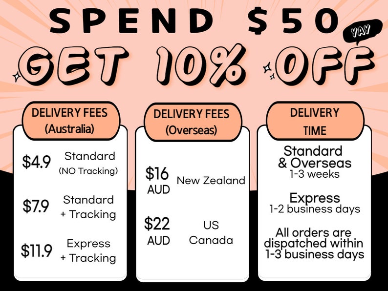 May include: A pink and white graphic with the text "SPEND $50 GET 10% OFF" in bold black letters. The graphic also includes a table with delivery fees and times for Australia, New Zealand, US, and Canada.