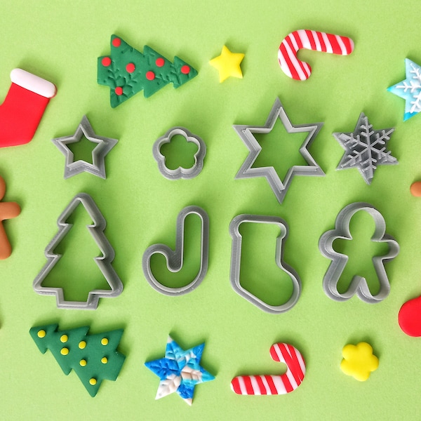 Christmas Polymer Clay Cutter Set | Collection 8 Pcs | Texture Stamp Xmas Tree