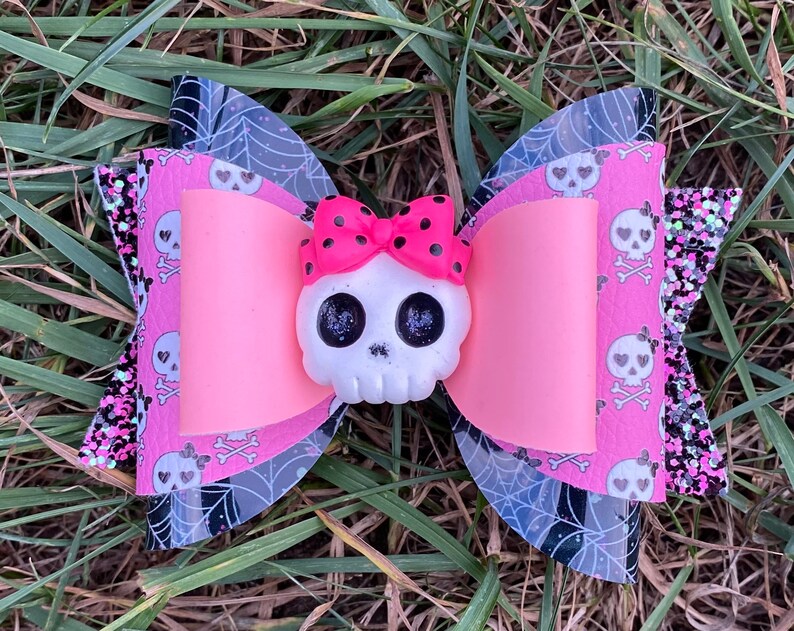 Pink Hair Bow Toddler Hair Bow Spider Web Hair Bow Halloween Bow Glow In The Dark Hair Bow Girls Hair Bow Halloween Skull Hair Bow