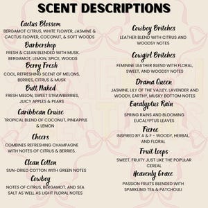 a collection of scents, each described with a brief description. The scents include various floral and citrus notes, such as Cactus Blossom, Cowboy Butches, and Fruit Loops. The scents are presented in a visually appealing manner, with each scent described in a clear and concise manner. The image does not contain any redundancy or vague descriptions, and it focuses on providing detailed information about the scents without including unnecessary information.