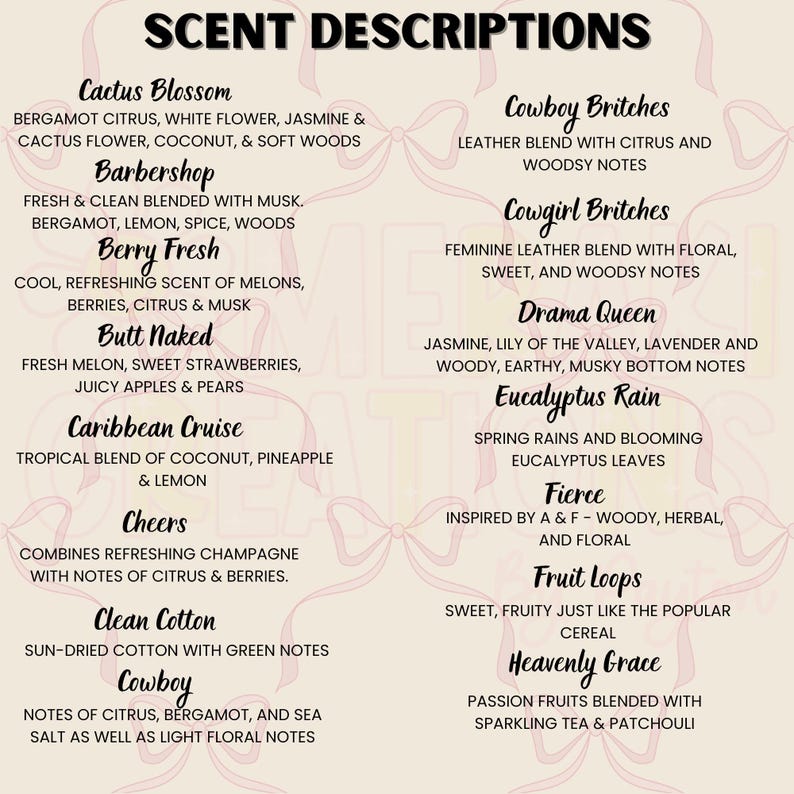 a collection of scents, each described with a brief description. The scents include various floral and citrus notes, such as Cactus Blossom, Cowboy Butches, and Fruit Loops. The scents are presented in a visually appealing manner, with each scent described in a clear and concise manner. The image does not contain any redundancy or vague descriptions, and it focuses on providing detailed information about the scents without including unnecessary information.