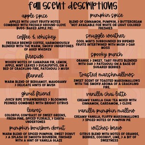 a collection of fall scent descriptions, each accompanied by a list of ingredients and scents. The descriptions include apple spice, pumpkin spice, coffee & whiskey, snuggle weather, fireplace, flannel, hood friend, vanilla chai latte, and pumpkin bourbon donut. The scents described are apple spice, pumpkin spice, coffee & whiskey, snuggle weather, fireplace, flannel, hood friend, vanilla chai latte, and pumpkin bourbon donut.