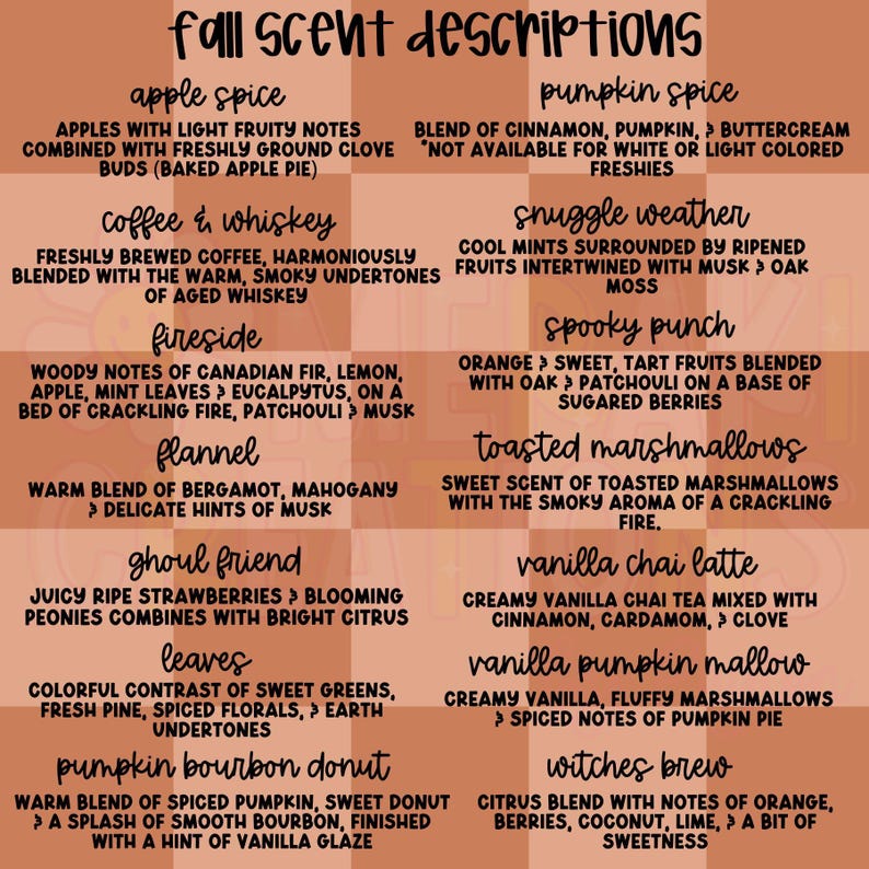 a collection of fall scent descriptions, each accompanied by a list of ingredients and scents. The descriptions include apple spice, pumpkin spice, coffee & whiskey, snuggle weather, fireplace, flannel, hood friend, vanilla chai latte, and pumpkin bourbon donut. The scents described are apple spice, pumpkin spice, coffee & whiskey, snuggle weather, fireplace, flannel, hood friend, vanilla chai latte, and pumpkin bourbon donut.