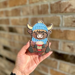 Winter Highland Cow with Coffee Car Freshie Freshy - Cow Car Air Freshener, Car Scent, Air Freshener