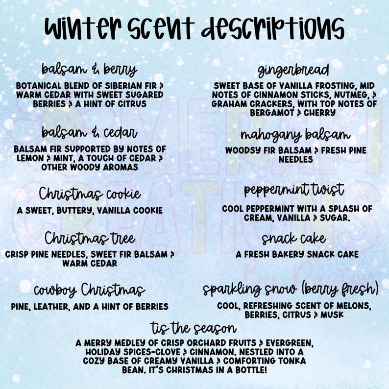 a collection of winter scent descriptions, each accompanied by a list of scents and their corresponding names. The descriptions include scents like balsam & berry, gingerbread, balsam & cedar, mahogany balsam, peppermint twist, Christmas tree, cowboy Christmas, sparkling snow, and a merry medley of crisp orchard fruits. The descriptions avoid redundancy and provide clear, concise information about the scents.