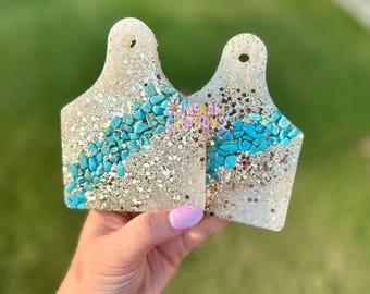 Cow Tag Turquoise and Gold Glitter Geode Car Freshie Freshy - Car Scent, Air Freshener
