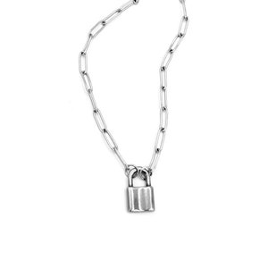 Small Padlock Necklace for Women, Silver Lock Charm, Paperclip Chain, Trendy Necklace Gift for Couples, Teen Jewelry, Hypoallergenic, Boho