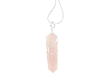 Rose Quartz Point Necklace for Women, Crystal Pendant Necklace for Her, Christmas Gift for Girlfriend, Hippie Jewelry, Pink Gemstone Silver
