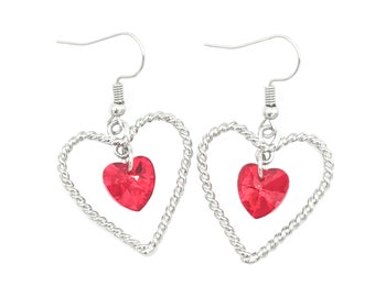 Silver Heart Earrings for Women, Valentines Day Gift for Her, Romantic Gift for Wife, Silver Dangle Earrings, Valentine Jewelry, Red Heart
