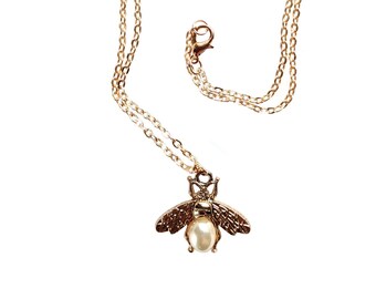 Bee Necklace, Faux Pearl, Moth Necklace, Champagne Gold, Rose Gold, Insect Pendant, Boho, Hippy, Hippie, Witchy, Gift for Her, Birthday