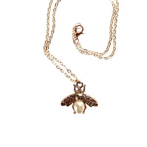 Bee Necklace, Faux Pearl, Moth Necklace, Champagne Gold, Rose Gold, Insect Pendant, Boho, Hippy, Hippie, Witchy, Gift for Her, Birthday
