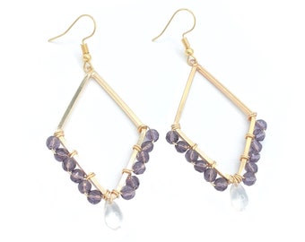 Purple Beaded Earrings, Diamond Shape Earrings, Wire Wrapped Earrings, Dangle Bead Earrings, Boho Earrings, Bohemian Earrings, Brass Hoop