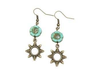 Bronze Sun Dangle Earrings for Women, Bohemian Earrings for Her, Flower Charms, Best Friend Gift,  Celestial Jewelry, Hippie, Boho Style