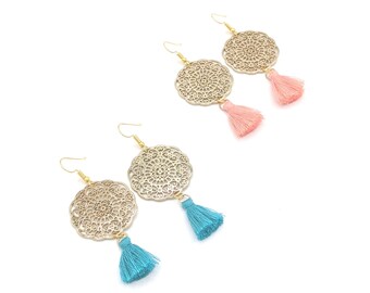 Boho Tassel Earrings, Boho Mandala Earrings, Mini Tassel Earrings, Brass Filigree Earrings, Boho Jewelry, Gift for Her, Zen Earrings
