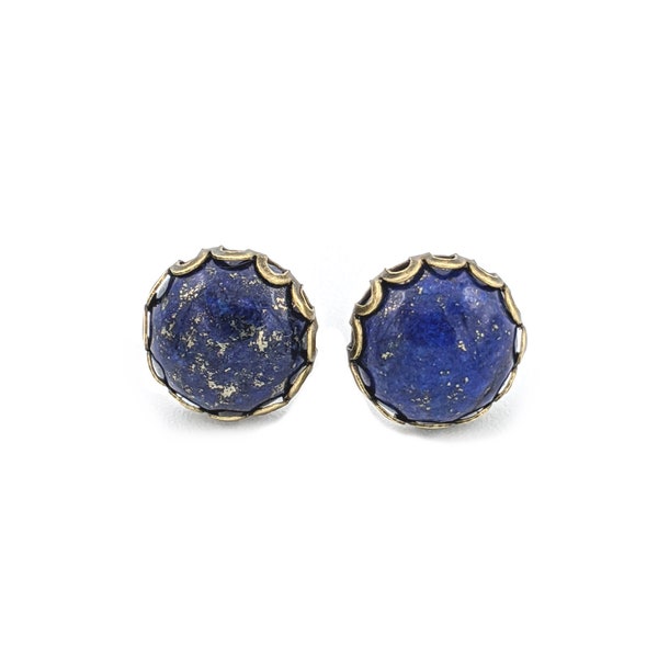 Lapis Lazuli Earrings, Gemstone Stud Earrings, Bronze Earrings, Blue Stud Earrings, Boho Earrings, 12mm Earrings, Galaxy Earrings, Gift