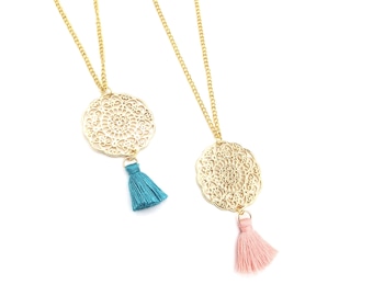 Boho Tassel Necklace, Boho Mandala Necklace, Mini Tassel Necklace, Brass Filigree Necklace, Boho Jewelry, Gift for Her, Yoga Necklace