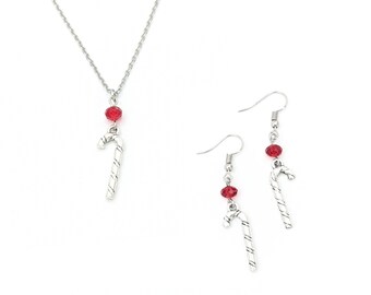 Candy Cane Jewelry Set for Women, Silver Necklace and Earring Set, Christmas Gifts for Her, Stocking Stuffers for Teens, Jewelry Gift Set